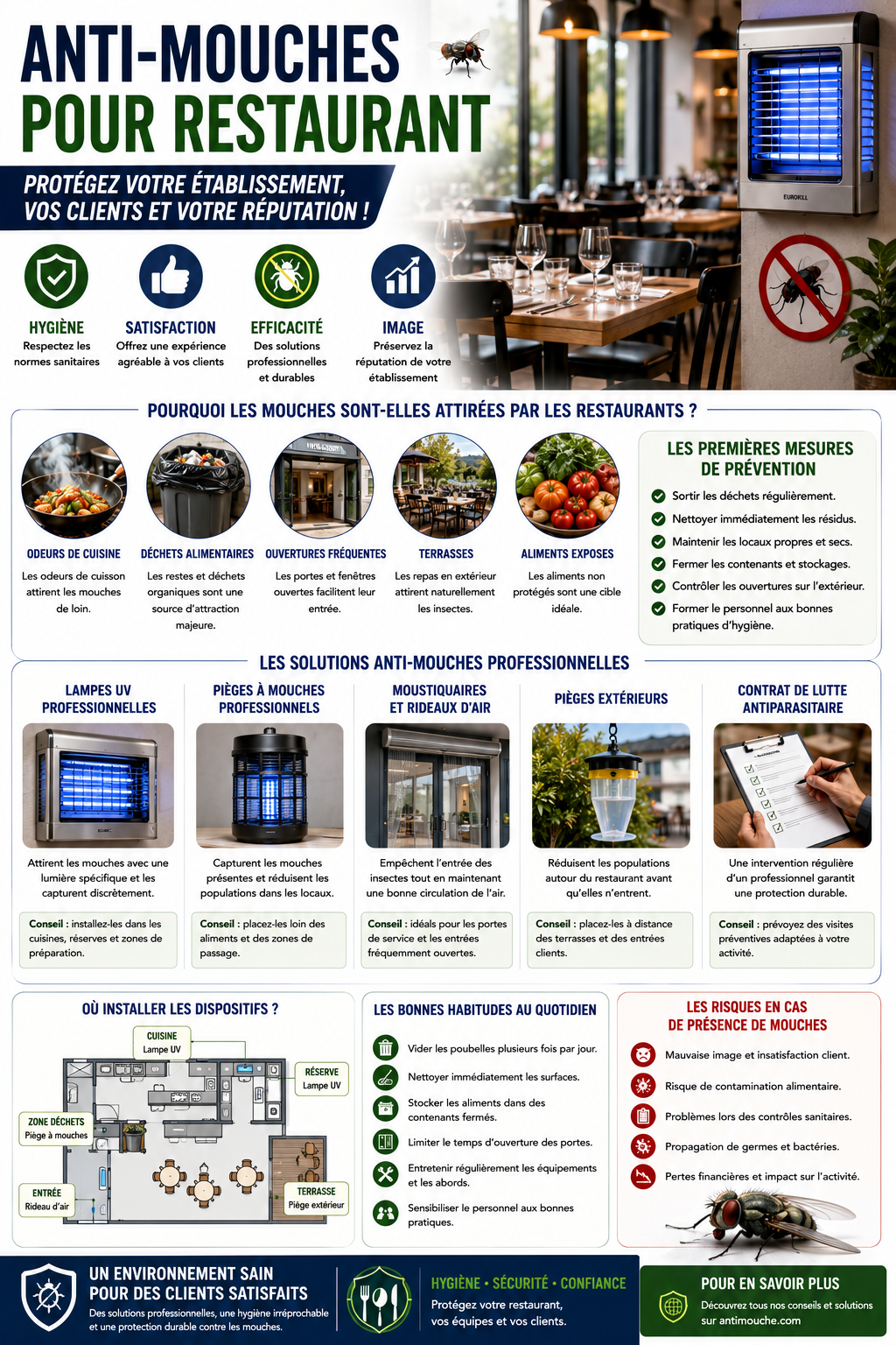 les meilleures solutions anti-mouches pour restaurant. Prévention, lampes UV, pièges et bonnes pratiques pour protéger efficacement votre établissement.