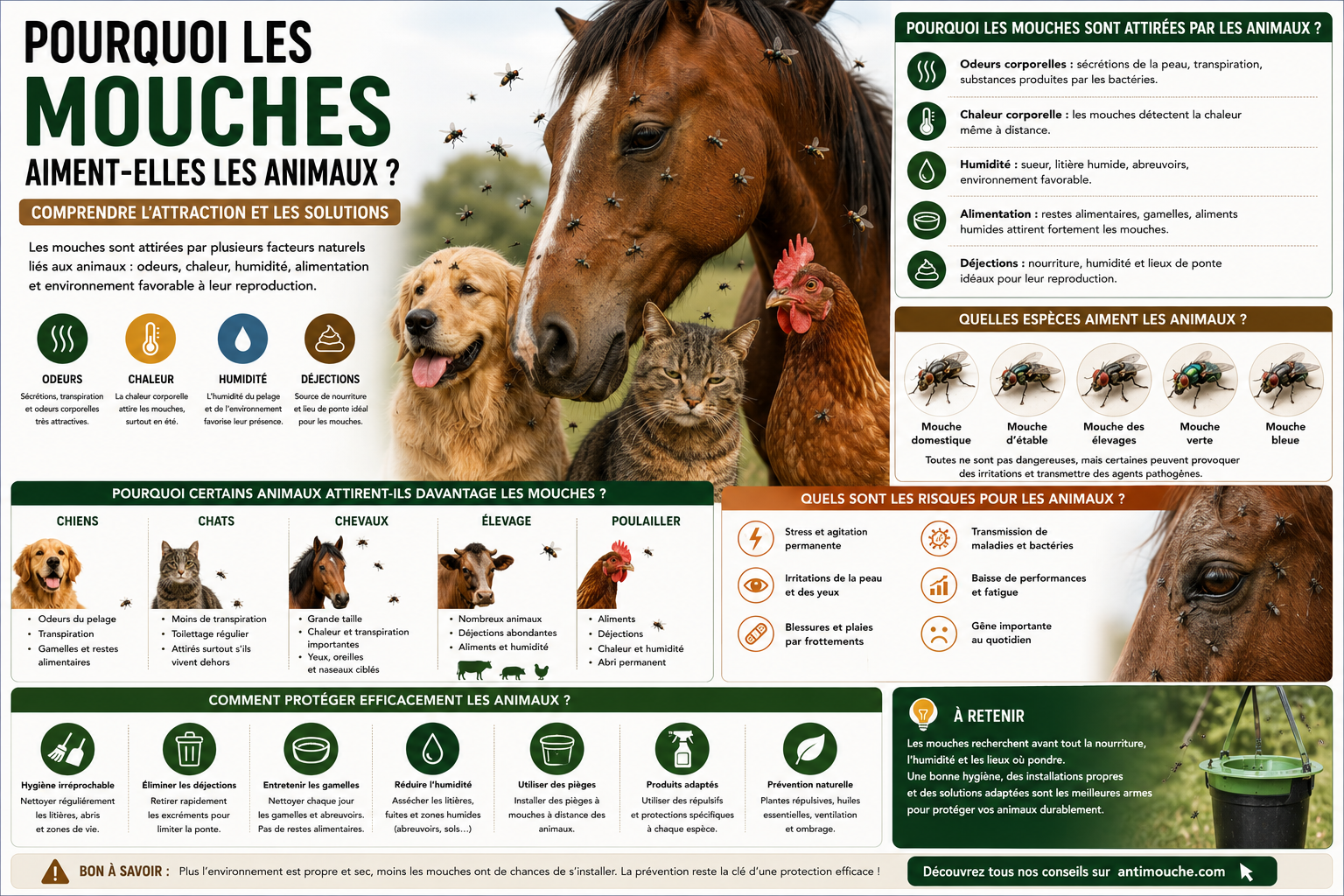 Découvrez pourquoi les mouches sont attirées par les animaux. Odeurs, chaleur, humidité, alimentation et environnement : toutes les explications et solutions efficaces.