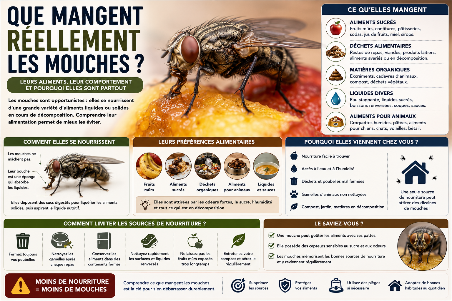 Découvrez ce que mangent réellement les mouches. Aliments préférés, liquides, déchets organiques, fruits, sucre et comportement alimentaire expliqué simplement.