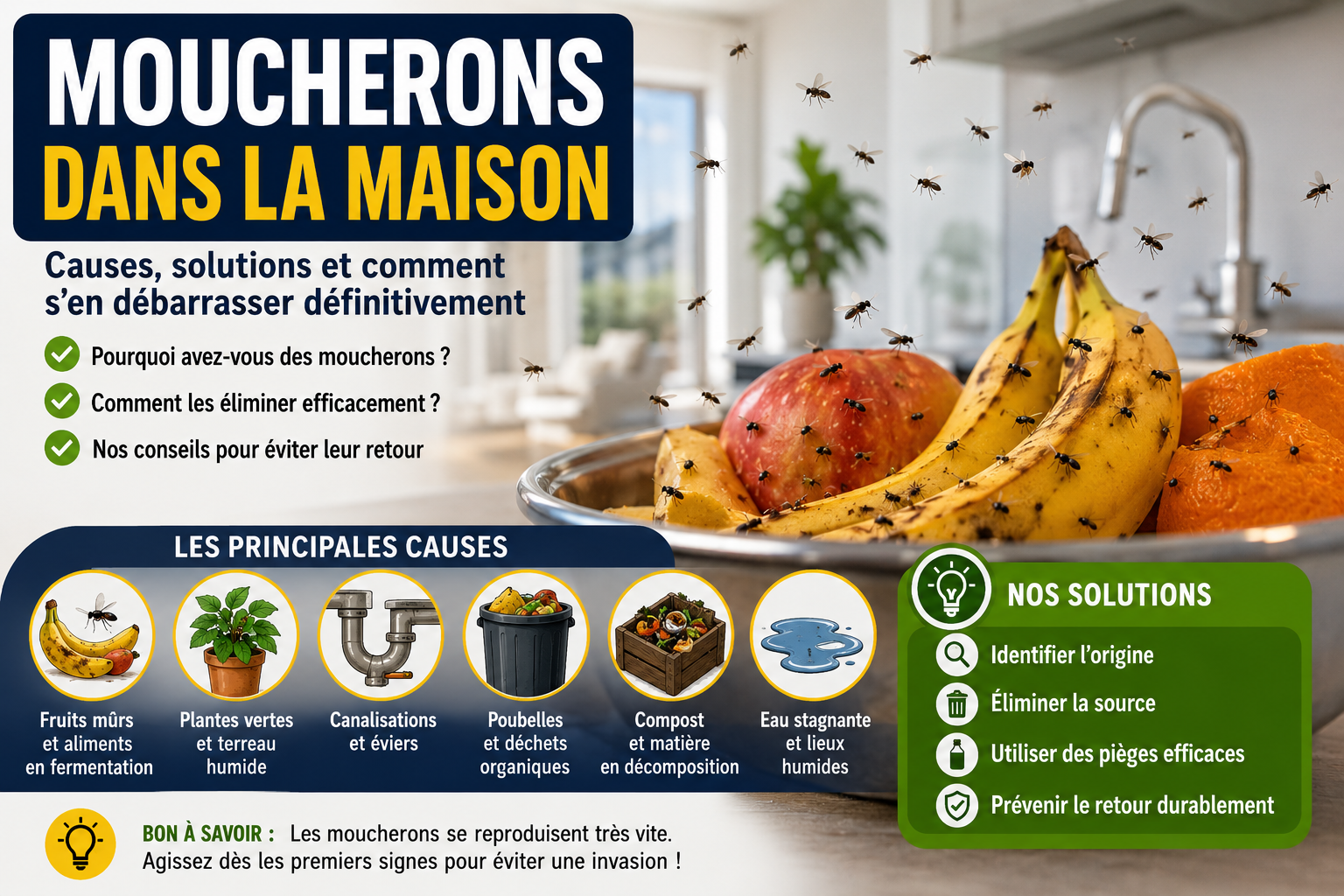 Moucherons dans la maison : causes, solutions et comment s'en débarrasser
