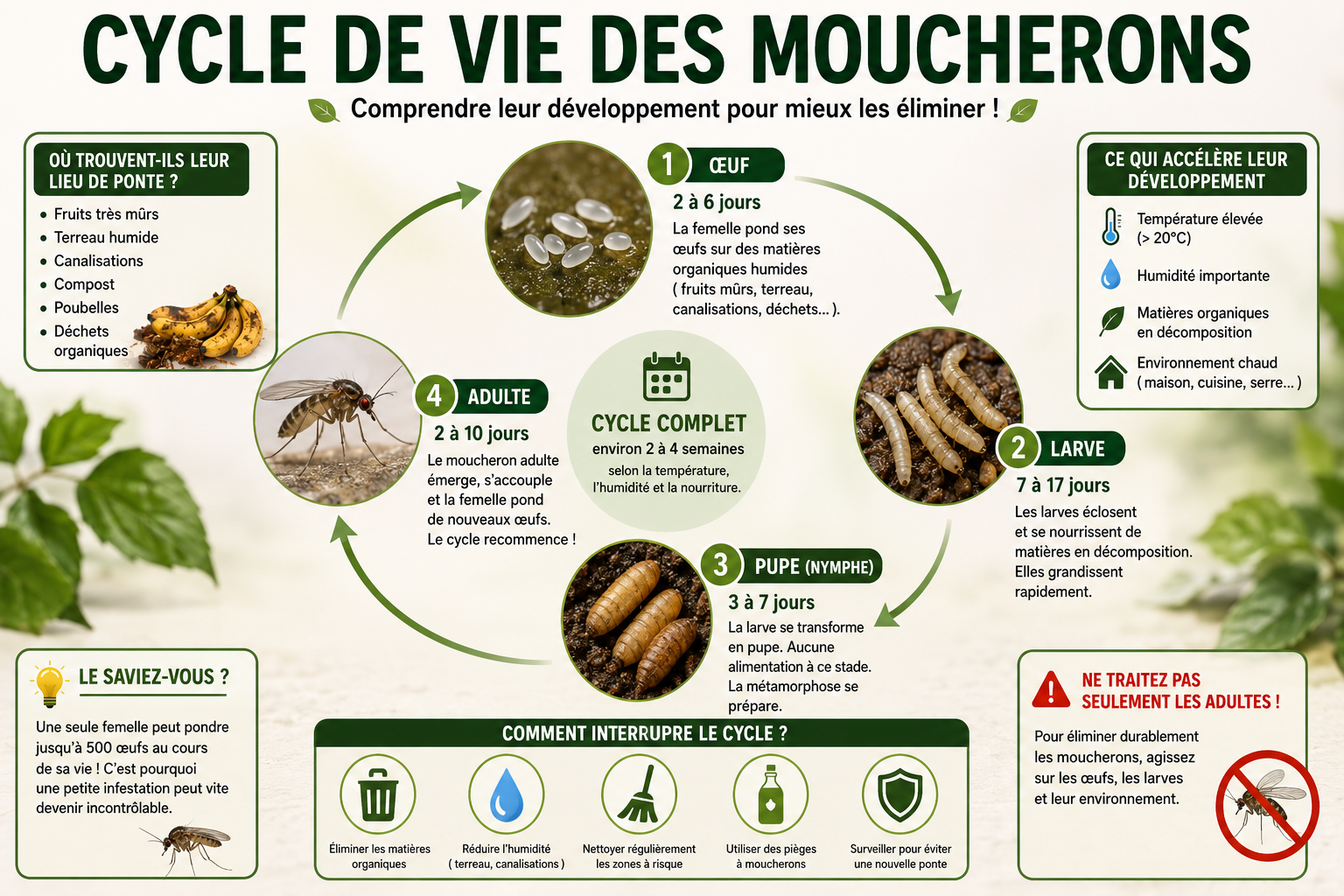 Cycle de vie des moucherons : œuf, larve, pupe, adulte… combien de temps vivent-ils ?