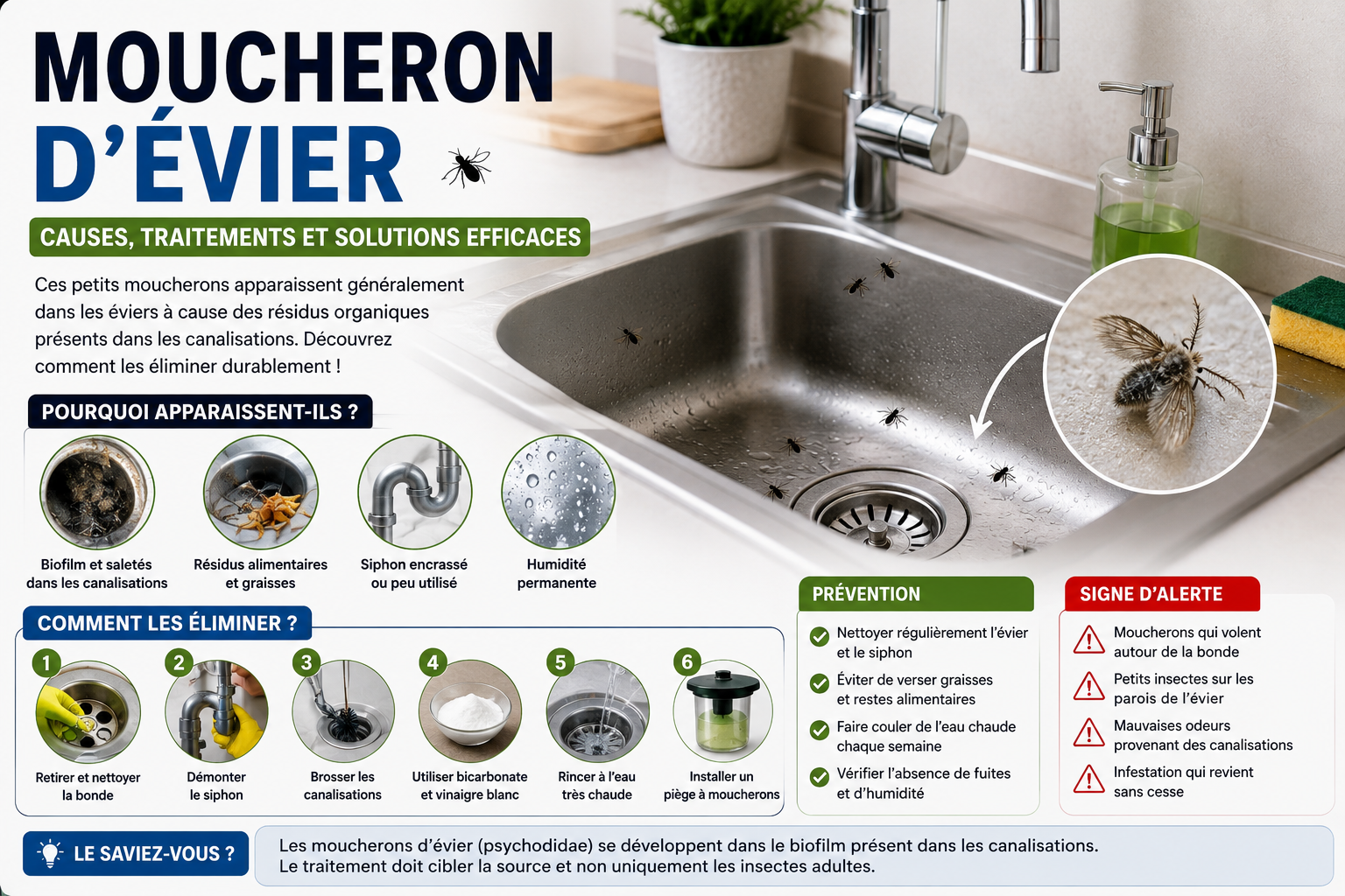 Moucheron d'évier : pourquoi apparaissent-ils et comment les éliminer définitivement ?